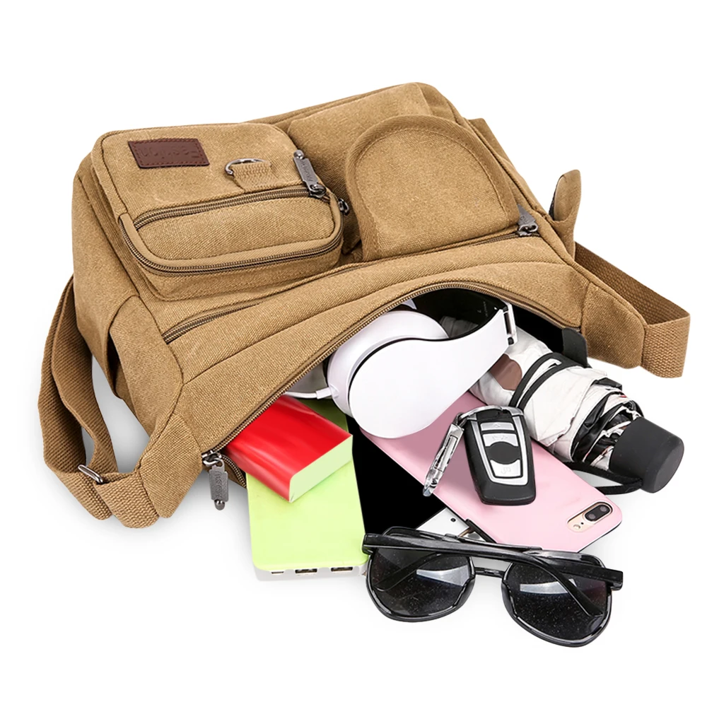 Men'S Crossbody Bag Canvas Multi-Function Zipper Closure Wide Shoulder Strap Tear-Resistant Outdoor Camping Hiking Bags