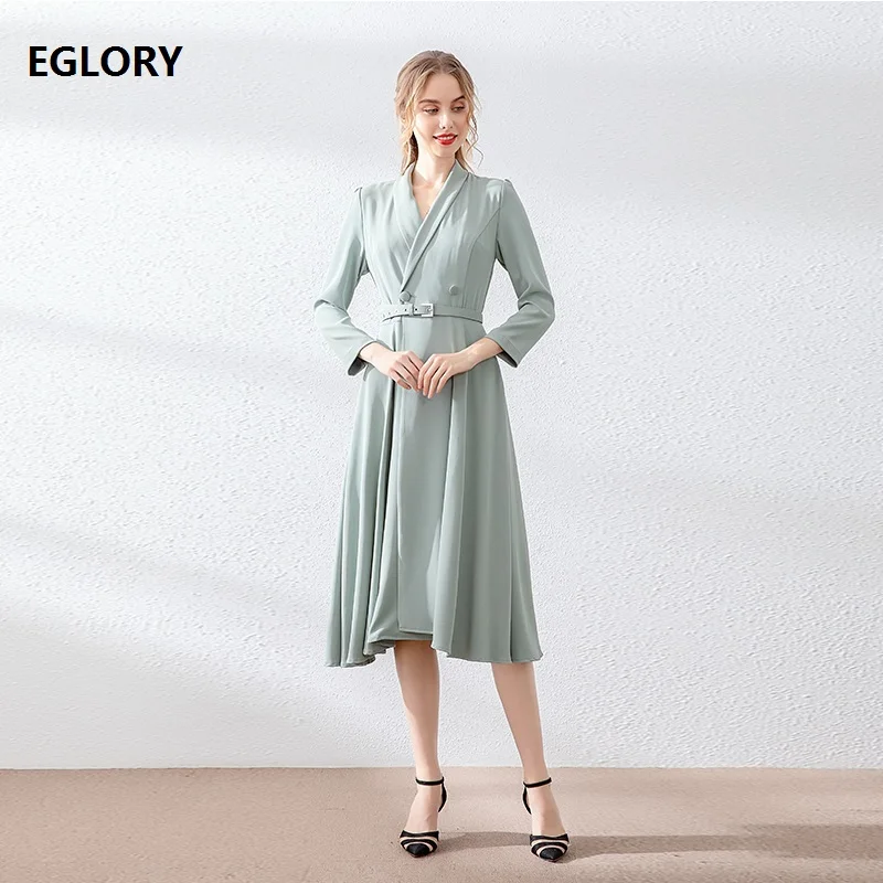 

Elegant Office Dress 2019 Autumn Business Women Notched Collar Double Breasted 3/4 Sleeve Mid-Calf Length Solid Dress Vestidos