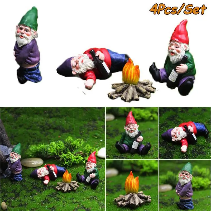 Conjunto de adornos en miniatura para maceta, Set de 4 Uds. De Mini estatuas de Bonfire de enano para decoración de maceta
