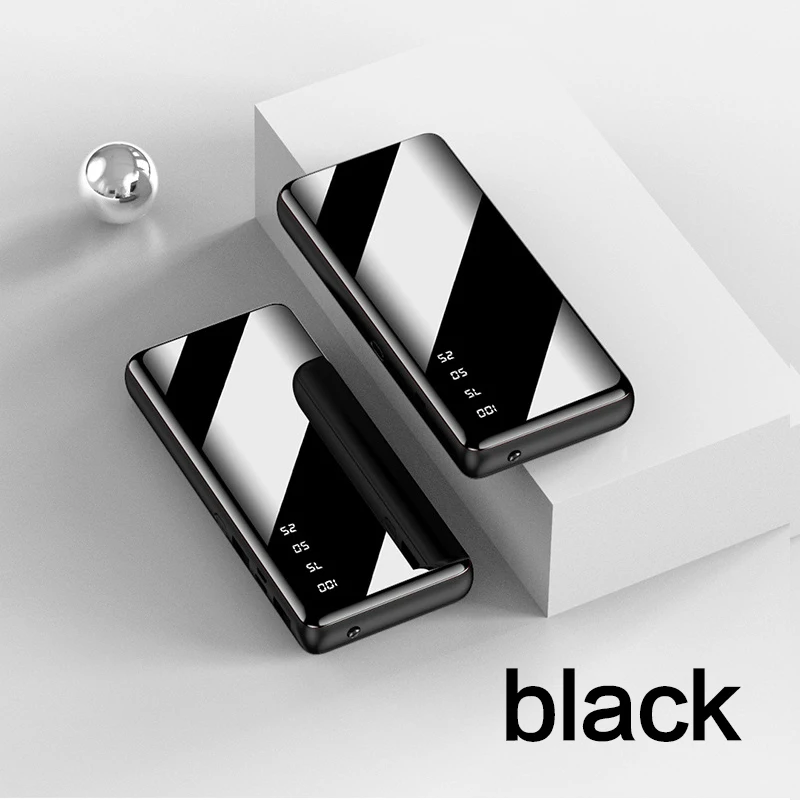 black 20000 мА/ч мини внешний аккумулятор с полным зеркалом, двойной USB внешний аккумулятор, портативное зарядное устройство, Дополнительный внешний аккумулятор, зарядка для телефона, повербанк - Цвет: black