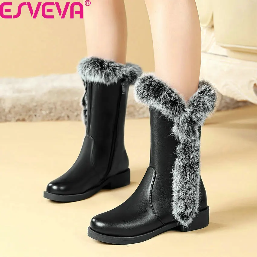 

ESVEVA 2020 New Autumn Winter PU Leather Square Heel Casual Mid Calf Boots Round Toe Warm Fur Slip on Women Shoes Big Size 34-43