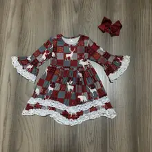 Рождественская детская одежда для девочек детское хлопковое осенне-зимнее плиссированное платье в клетку с оленем и мышкой Эксклюзивное Платье До Колена с бантом