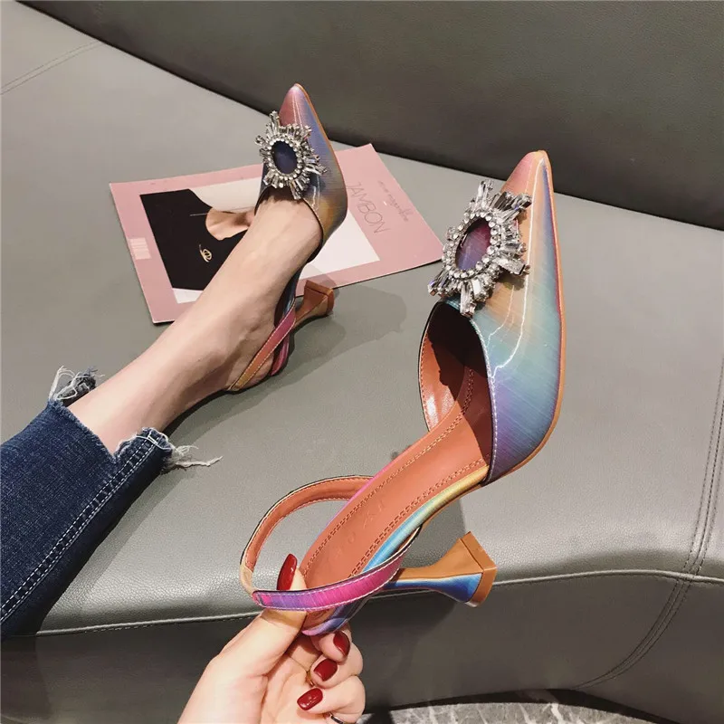 

Rhinestone Buckle Girl High-heeled Shoes Season Sharp Back With Fine With Sandals Woman