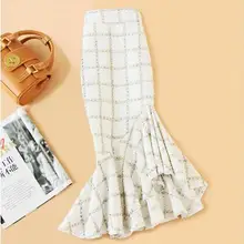 Размера плюс 4XL! Асимметричная юбка рыбий хвост с высокой талией Женская зимняя Клетчатая Шерстяная Офисная Женская юбка TB3744