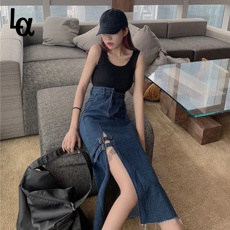Fortuna A gonne Vintage donna strappata francese estate Sexy gonna di Jeans  spaccata gonna lunga A vita alta femminile gonna lunga con spacco Sexy Jeans  - AliExpress Women's Clothing