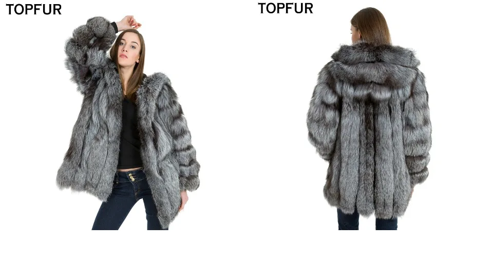 TOPFUR, модные зимние женские пальто с капюшоном, натуральный мех, пальто для женщин, натуральный мех серебристой лисы, верхняя одежда и пальто, базовые куртки