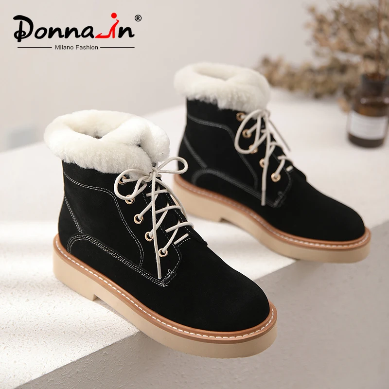Donna-in/Замшевые Зимние женские ботильоны на платформе; повседневные теплые плюшевые зимние ботинки из натуральной кожи на шнуровке; обувь на среднем каблуке