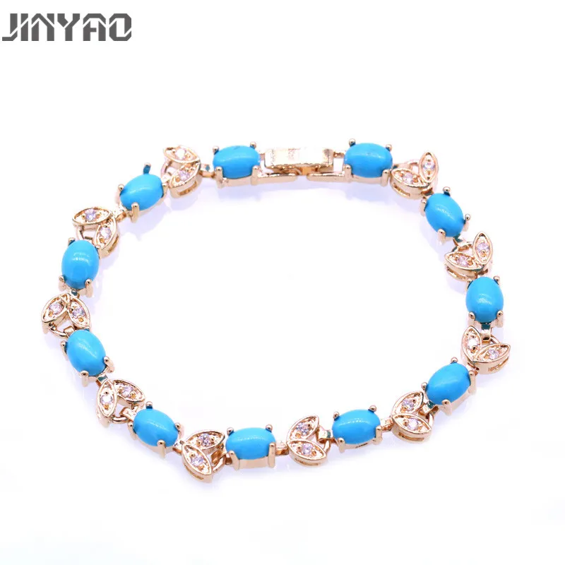 JINYAO Модные женские Овальные браслеты с голубым камнем, цирконием, браслеты цвета шампанского, белого золота, вечерние ювелирные изделия, подарок для женщин
