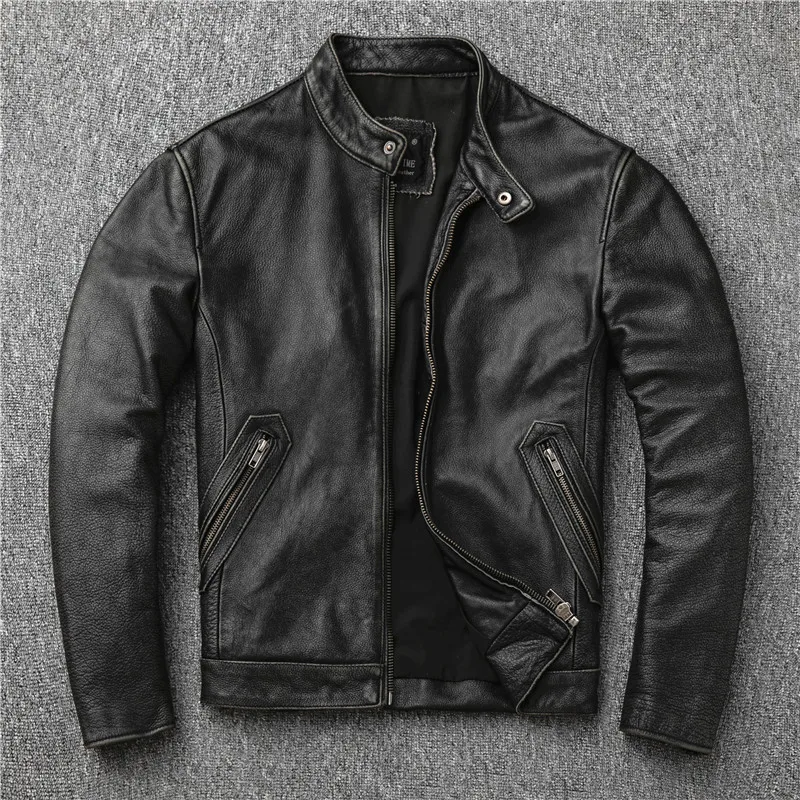 Vintage Black Коричневая Мужская облегающая Байкерская кожаная куртка со стоячим воротником большого размера XXXXL из натуральной воловьей кожи, осенняя мотоциклетная куртка для России - Цвет: Vintage Black