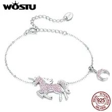 WOSTU,, настоящая 925 пробы, серебряный, розовый, единорог, регулируемый браслет, горячая мода, CZ браслет, свадебные, обручальные ювелирные изделия CQB155