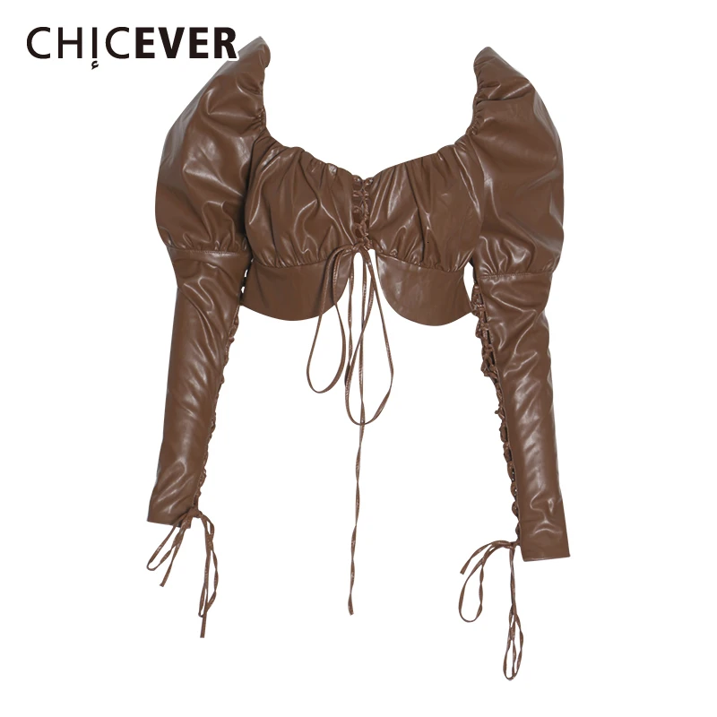 CHICEVER Сексуальная из искусственной кожи с бантом женская рубашка квадратным