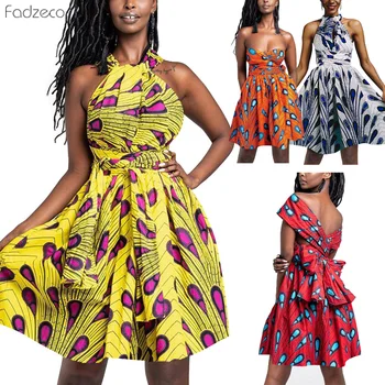 

Fadzeco African Dress For Women Sexy Backless Batik Printing Dress Elastic Waist Multi-Wear African Print Mini Dress