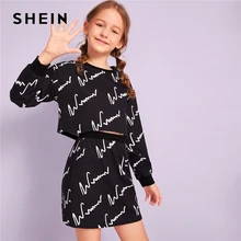 SHEIN/детская черная толстовка с графическим принтом и юбка для девочек; комплекты из двух предметов; Детские комплекты; коллекция года; Осенняя повседневная одежда с длинными рукавами