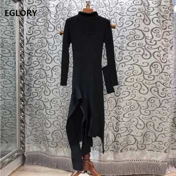 

High Quality Sweater Dress 2019 Autumn Winter Casual Knitwear Women Full Sleeve Asymmetrical Sexy Black Knitted Dress Pullover