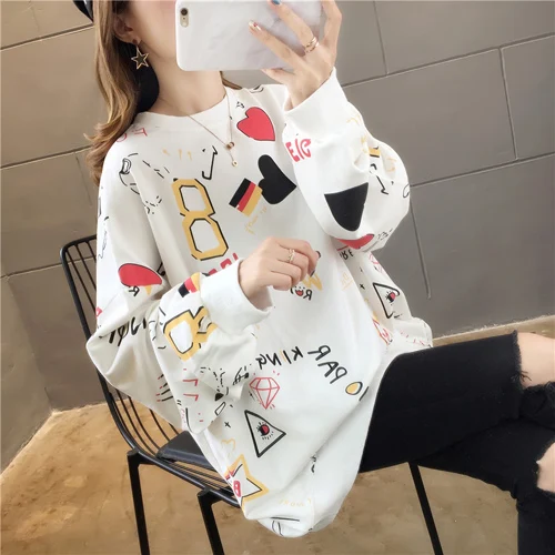 Women Autumn Graffiti Oversized Fashion Girls Loose Fit Long Coat Korean Kawaii Tops Hoodies Sweatshirts Women's Clothes - Цвет: white