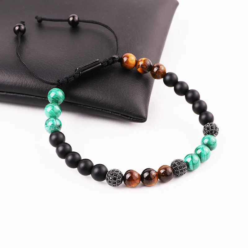 New Design High Quality Natural Real Malachite Stone CZ Pave Ball Braided Friendship Macrame Bracelet Men - Image 4