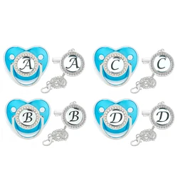 Attache tétine avec initiales de nom pour bébé, clip de sucette avec strass bleus de luxe, lettre d'alphabet scintillante, tétine factice, cadeau de fête pour nouveau né 