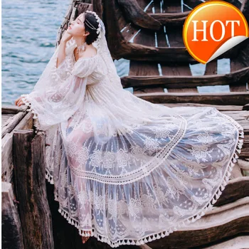 

Lace Long Summer Women Dress Evening Party Maxi Vintage Lady White Off the Shoulder Floor-length Tassel Dress Tunic