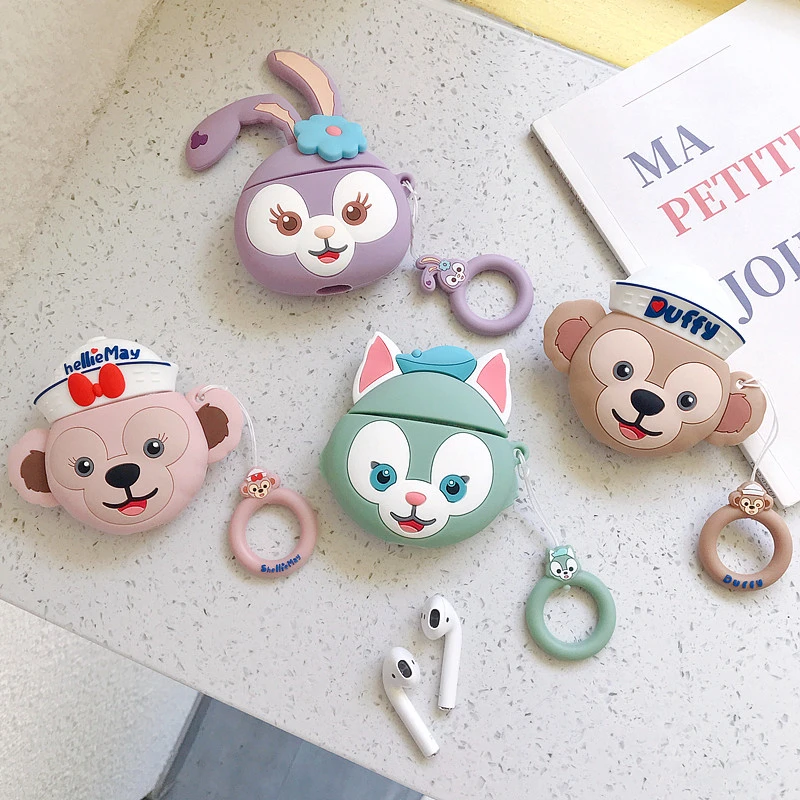 

3D cute Duffy bear Rabbit series soft silicone Case for Airpods 2 1 wireless Bluetooth earphone box with the same lanyard cover