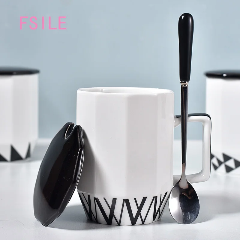 

FSILE Simple Fashion Trend Ceramic Cup Couple Exquisite Mug Nordic Men and Women Office Coffee Cup Water Cup with Lid Spoon Cup