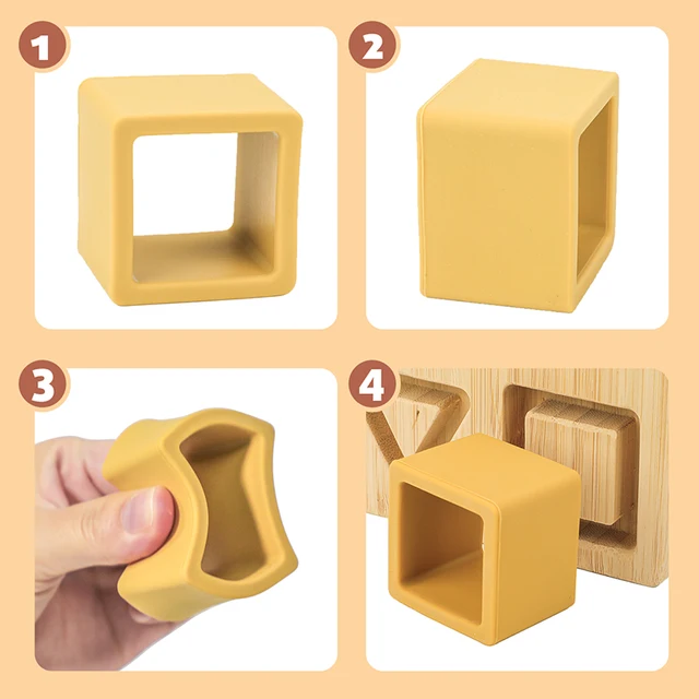 Silicone+Wooden Geometric Shape Imposition Building Soft Block Silicone Teether Building 3D Folding Educational Game Toy 5
