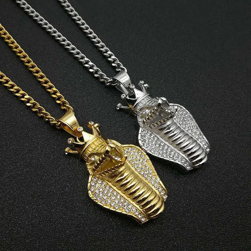 

Hip Hop Rhinestones Paved Bling Iced Out Stainless Steel Cobra Crown Snake Pendant Necklace for Men Rapper Jewelry Cuban Chain