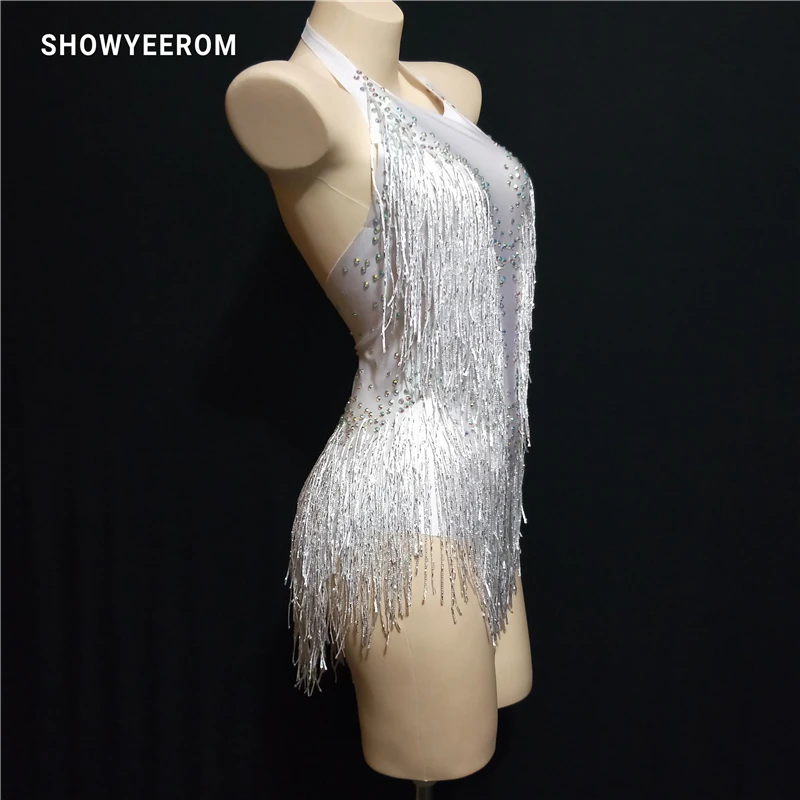 white Sparkly Rhinestones Tassel Leotard Nightclub Dance DS Show Stage Wear Stretch Bodysuit Party Female Singer Outfit