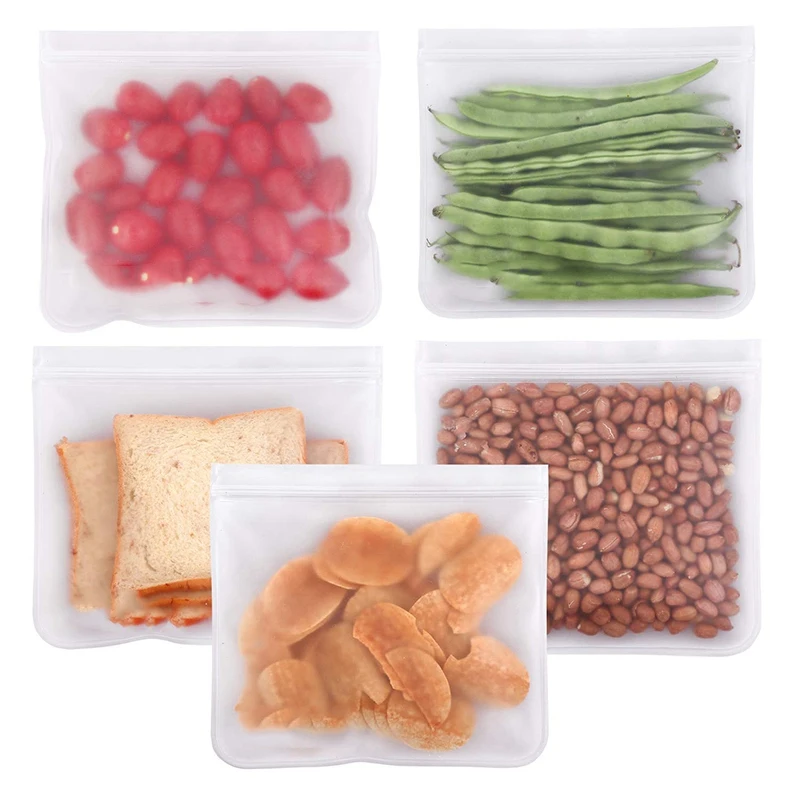 

Leakproof Reusable Storage Bags (5 Pack), Extra Thick Fda Grade Peva Ziplock Bags, for Lunch Sandwich, Food Snacks, Make-Up, T