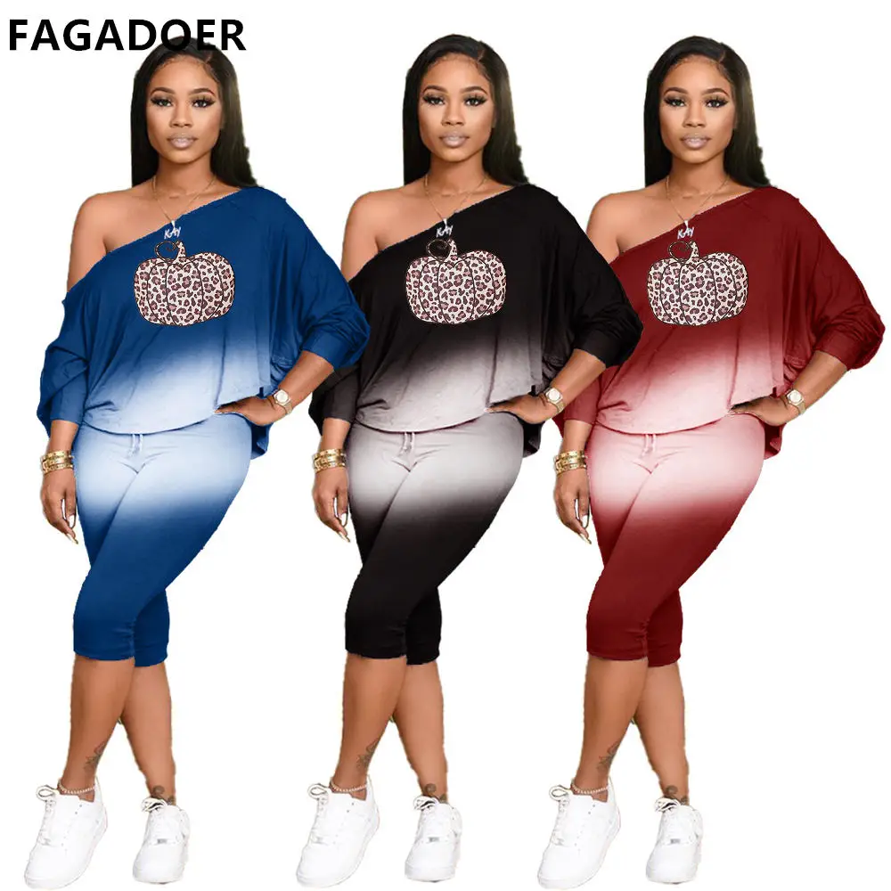 

FAGADOER Plus Size Women Tracksuit S-3XL Gradient Design Loose One Shoulder Tshirt And Jogger Outfit Casual Two Piece Streetwear