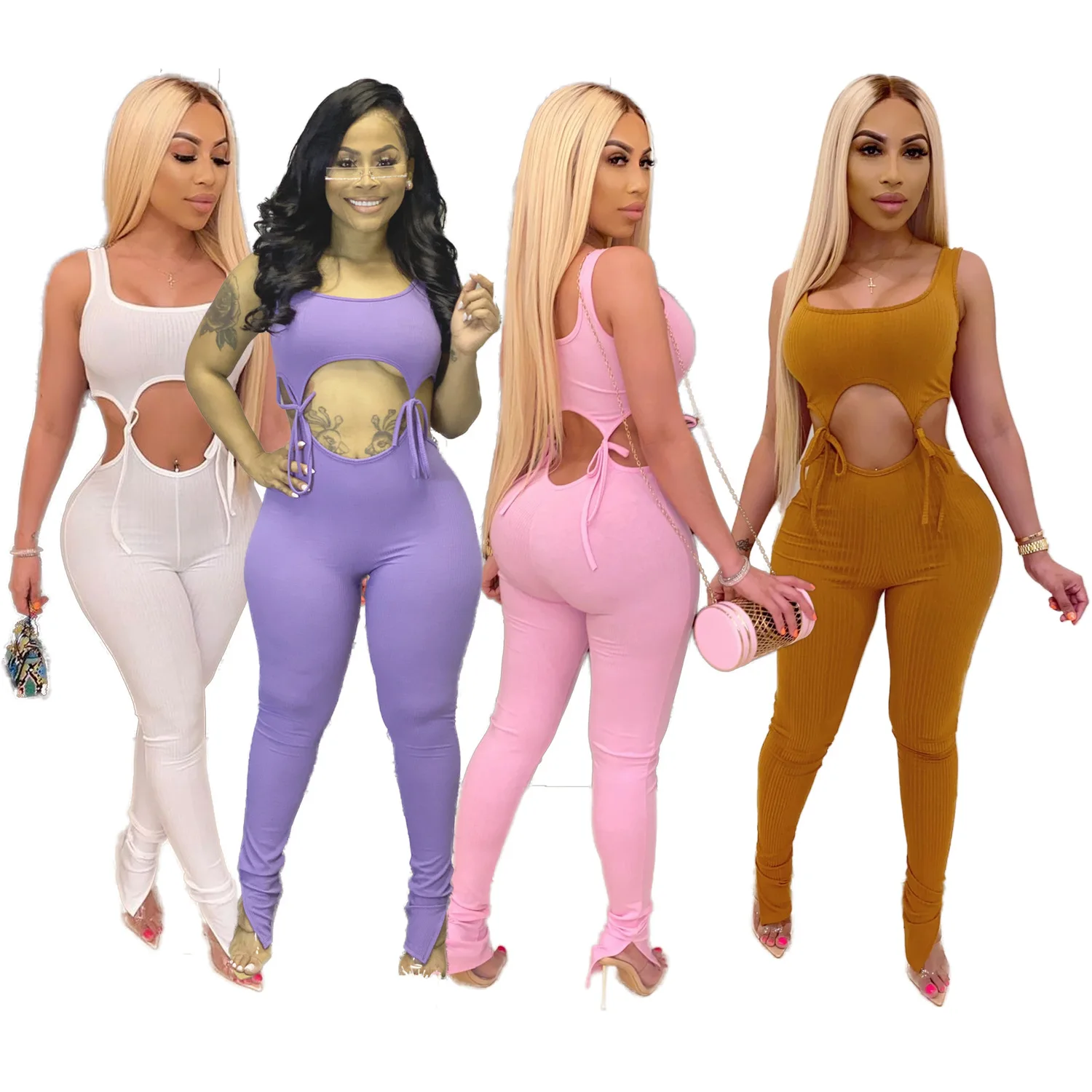 

2020 Summer New Hot Selling Solid Color Jumpsuit European and American Strappy Tight High Waist Sleeveless Jumpsuit