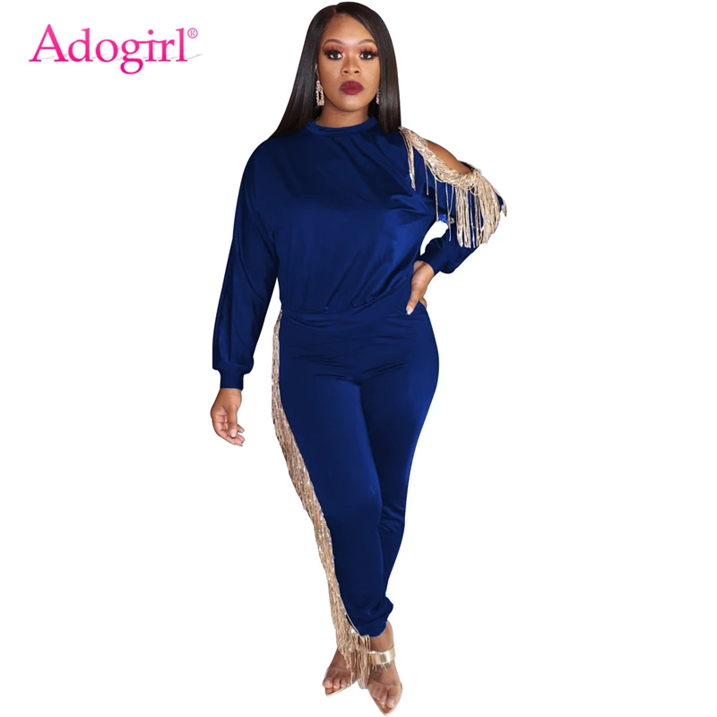Adogirl женский спортивный костюм с блестками и кисточками, Модный комплект из двух предметов, свитер с длинными рукавами, пуловер, топ, повседневные штаны - Цвет: blue 2 piece set