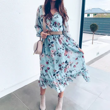 

Women floral print dress Plus size ruffle boho dress autumn sexy v neck spring elegant maxi long dress beach dress vestidos