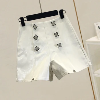 

New Autumn Leather Shorts Feminine Shorts 2019 Korea High Waist A-line Wide Leg Shorts Diamond Double Button PU Leather Shorts