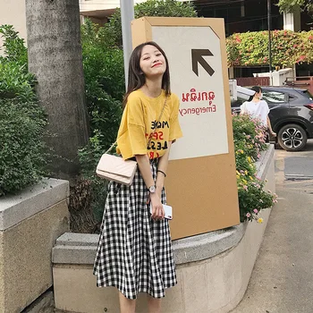 

Fairy Two-piece Skirt Small Fresh Loose Plaid Skirt Skirt Mori Round Neck Student Letter T-shirt Female 2020 Spring