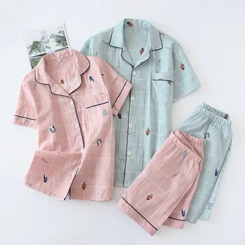 

women's Cotton pajamas with shorts gauze Plaid Print Short Sleeve Pink Ladies Home suits lingerie women's home clothes Summer