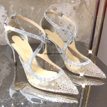 

Sequins Bridal Shoes Women Cross Strap Sandals Female Nude Buckle Strap Fairy Shoes Crystal Heels Mesh Stiletto Pointed Silver
