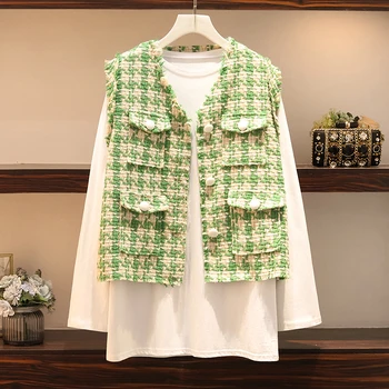 

New arrival korean Runway Women plus size Elegant loose dress + high end sweet tweed tassel vest coat women clothes 2 piece set