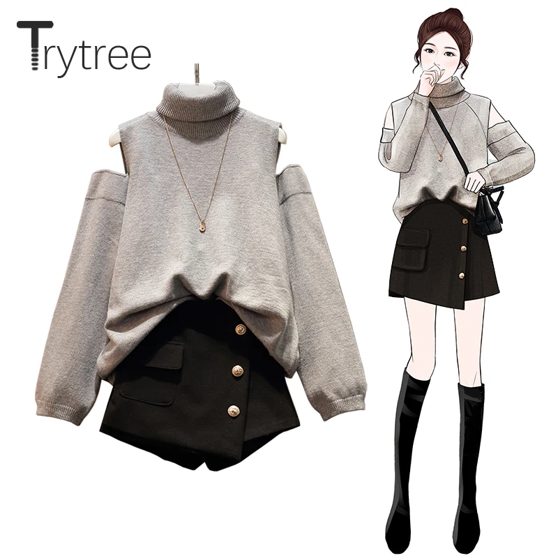 Осенне зимний комплект из двух предметов Trytree повседневный женский топ и юбка