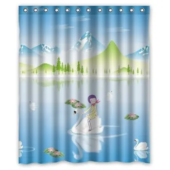 

Cartoon Idyllic Scenery A Girl Riding A Goose in Lake Shower Curtain Inches 100% Waterproof Polyester Fabric Bathroom