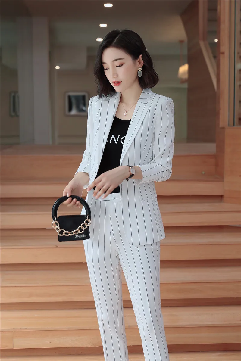 Fashion Striped Spring Autumn Formal Women Business Suits Pantsuits for Ladies Office Blazers with Pants and Jackets OL Styles