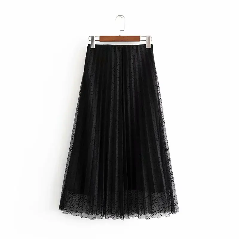 Винтажная шикарная черная плиссированная вуаль в горошек, длинная юбка, модные женские юбки с высокой талией и боковой молнией, повседневные юбки Jupe Femme