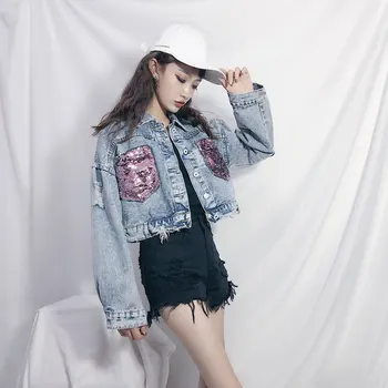 

2020 Hole Jean Jacket Women Spring Short Sequin Denim Jacket Splice Autumn Female Jacket Spring Jackets For Women Female Navel