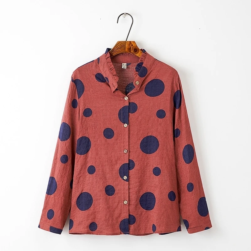 

Plus Size Ladies Full Cats Blouse Long Mouwen Shirts Women Polka Dot Tops