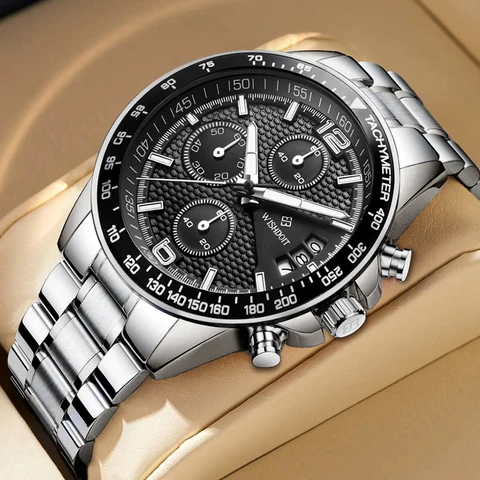 WISHDOIT-ساعة رياضية فاخرة للرجال ، كرونوغراف بحزام جلدي فولاذي ، كوارتز ، مقاومة للماء ، مضيئة