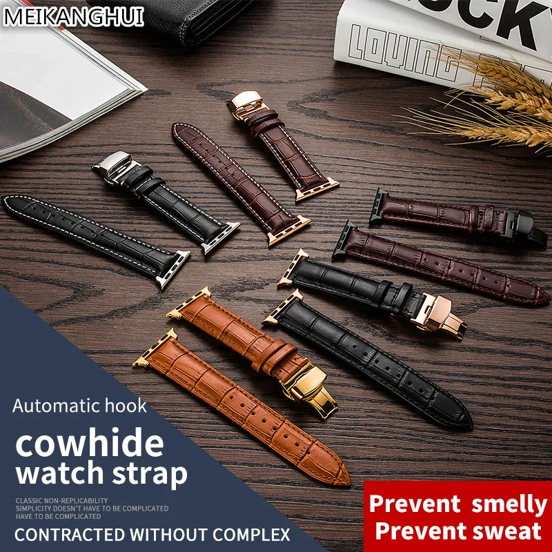 Leather strap for apple watch 5 4 band correa applewatch 44mm 40mm 42mm 38mm iwatch 5 4 3 2 1 Butterfly buckle bracelet
