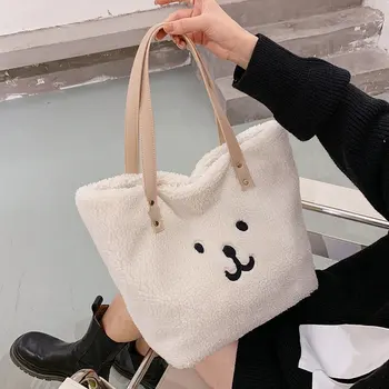 

Plush Tote Bags For Women 2020 Soft Fluffy Shoulder Bags New Winter Bags Cute Embroidery Luxury Design Handbag Clutch bolsos