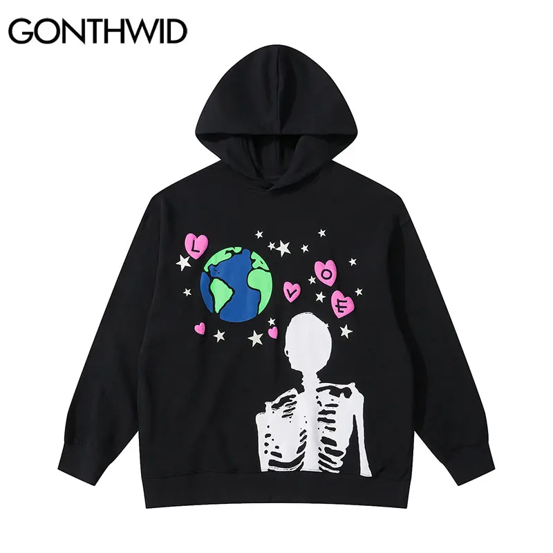 GONTHWID 2021 Hip Hop Hoodie Sweatshirt Streetwear Earth Skeleton Print Punk Gothic Hooded Winter Harajuku Cotton Pullover Black | Мужская