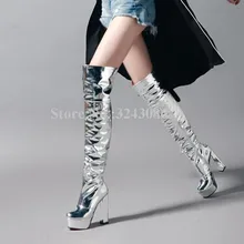 New Silver Color Chunky Heel Platform Long Boots Women Sexy Pointed Toe Stiletto Heel Patent Leather Over the Knee Boots Lady