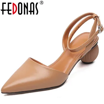 

FEDONAS 2020 Office Prom Meal Buckle Women Shoes Genuine Leather High Heels Pumps Spring Summer Newest Pointed Toe Shoes Woman