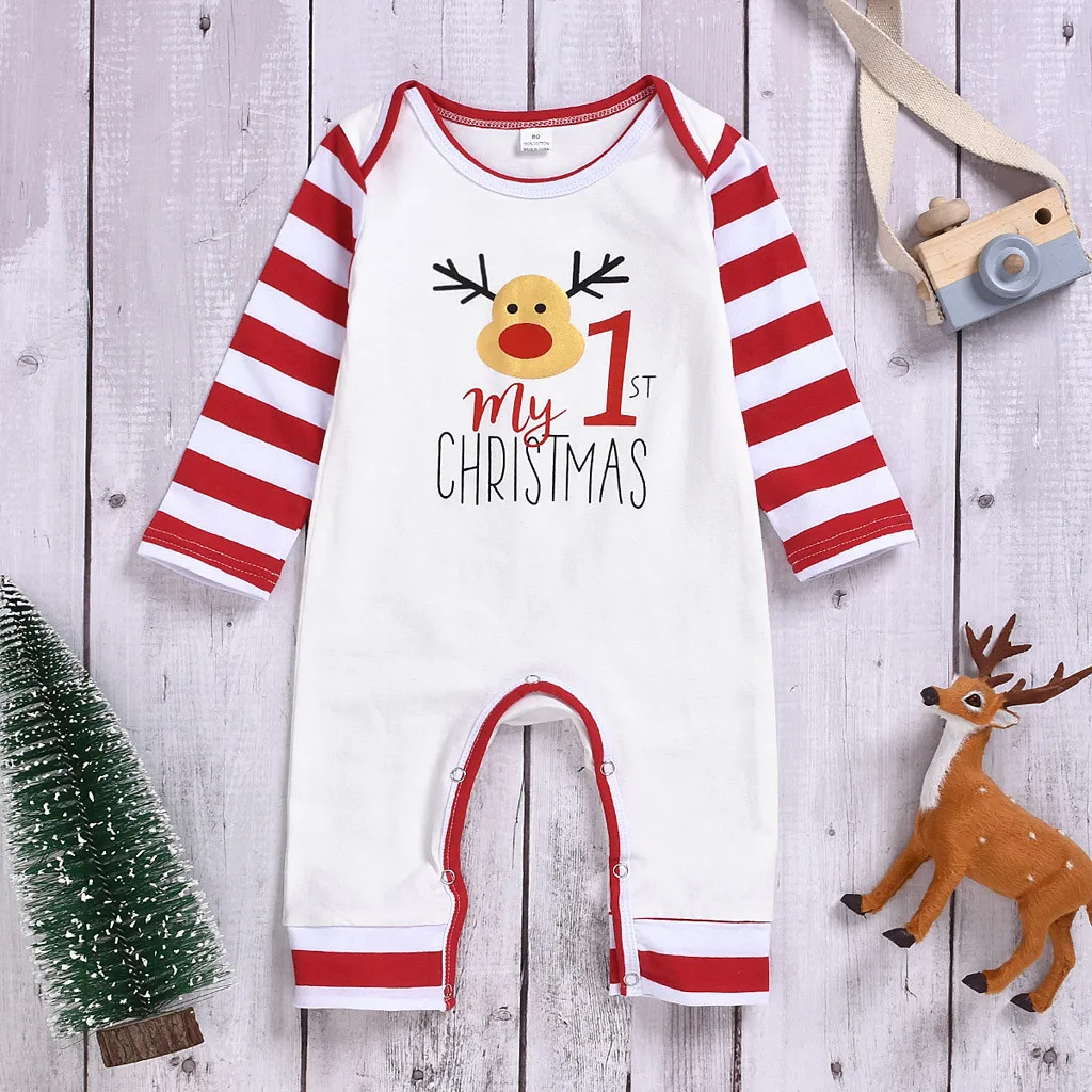 Рождественский комбинезон для маленьких мальчиков и девочек; комбинезон в полоску с оленем и надписью; Рождественская зимняя одежда для новорожденных мальчиков; комбинезон; костюм